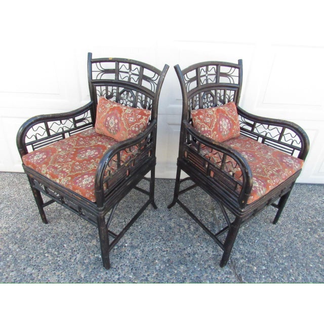 1950s Pair of Ebonized Bamboo Armchairs in the Brighton Pavillion Style For Sale - Image 5 of 18