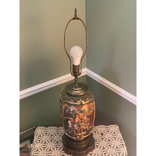 Satsuma Vintage 31" Japanese Satsuma Moriage Table Lamp With Pleated Shade For Sale - Image 4 of 18