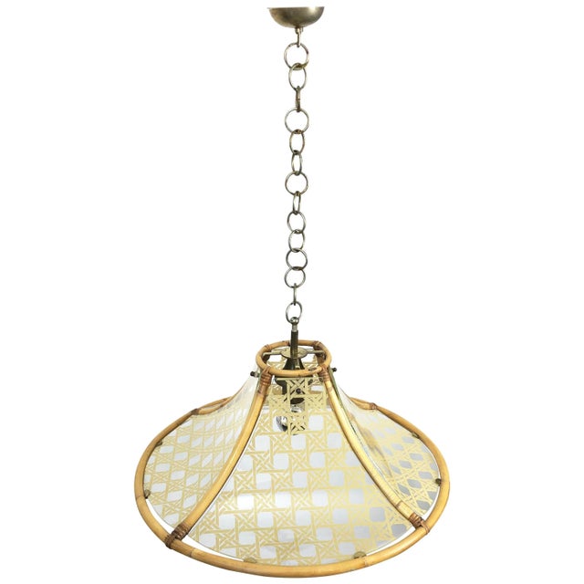 Gold Bamboo, Metal, Glass & Rattan Pendant Light, Italy, 1960s For Sale - Image 8 of 8
