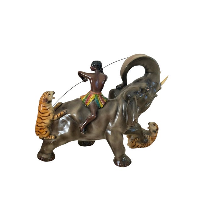 MCM 1950s Blackamoor Zulu Nubian Mahout Warrior on Elephant Battles w/ Tigers This is an old unique piece that depicts a...