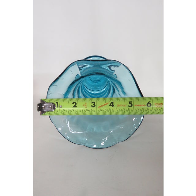 Turquoise Aqua Blue Vase Hand Blown Sculpted Art Glass With Ruffled Edge 4755b For Sale - Image 11 of 11