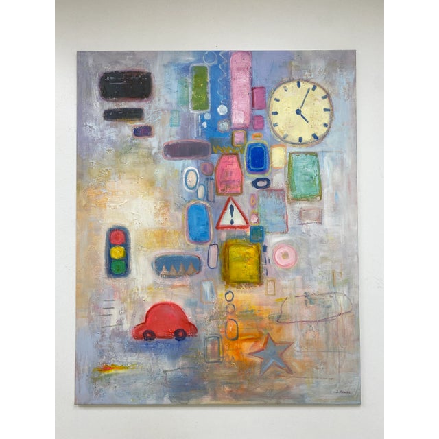A vibrant and imaginative original oil painting on canvas filled with playful symbols and graphic forms that hint at...