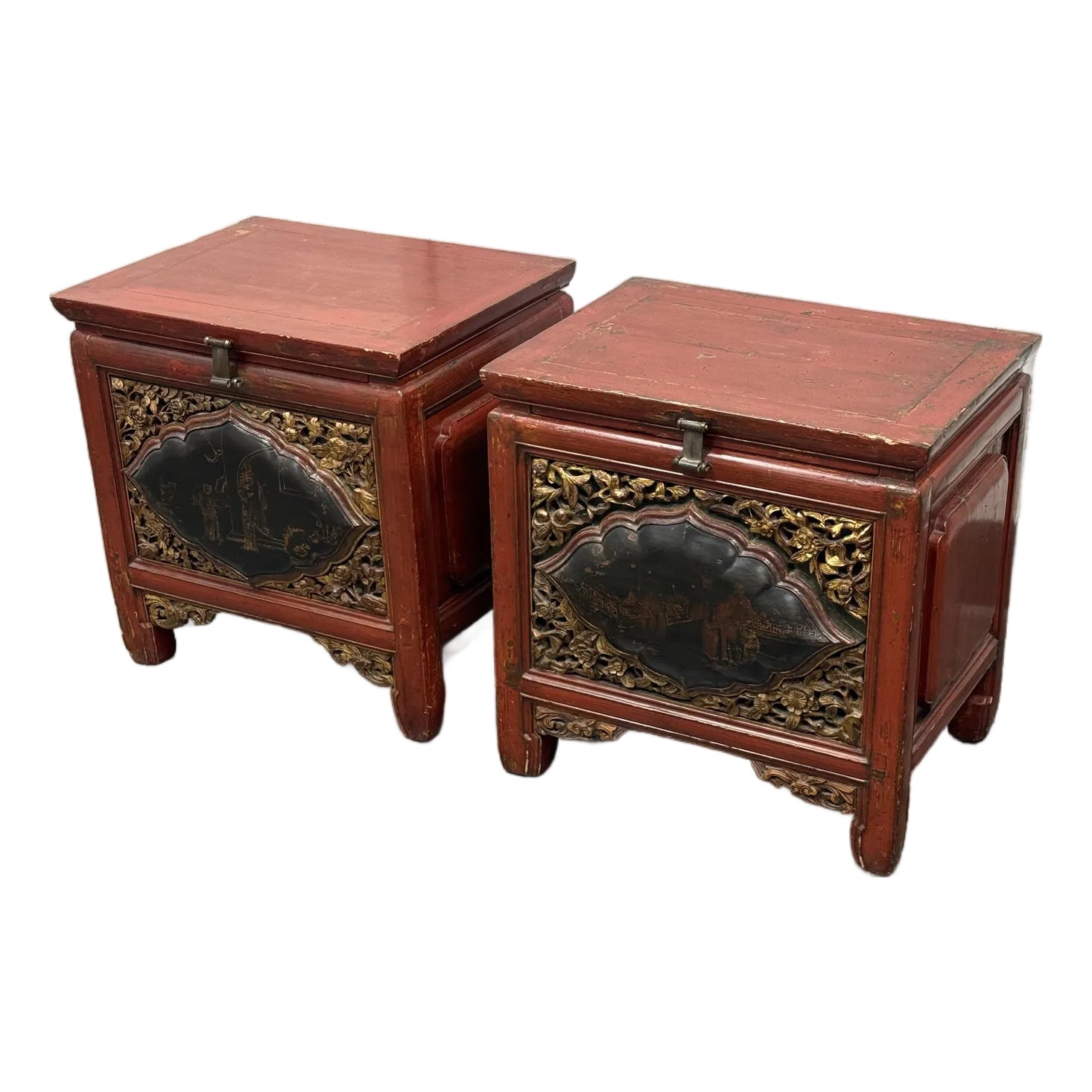 Antique Chinese Red Lacquered Chest Side Tables, Pair | Chairish