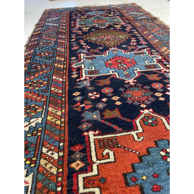 Antique Northwest Runner in Smokey Blackish-Blue Ground with Teals, Blues, Greens 3 x 13.10 For Sale - Image 11 of 13