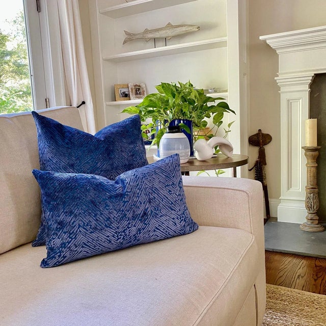 Contemporary Blue Velvet Animal Print Throw Pillow With Feather Down Insert For Sale - Image 3 of 8