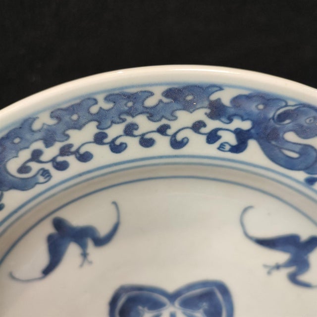 Chinese Ceramic Plate,Blue and White Porcelain Plate Hand Painted Bats and Longevity Character Pattern For Sale In Seattle - Image 6 of 11