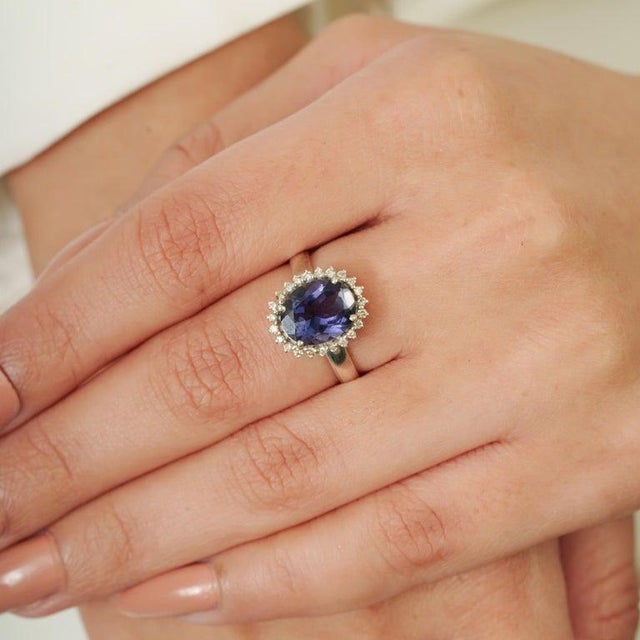Antique Iolite Halo Ring With Diamond Accents in 925 Sterling Silver - Size 6.5 For Sale - Image 4 of 11