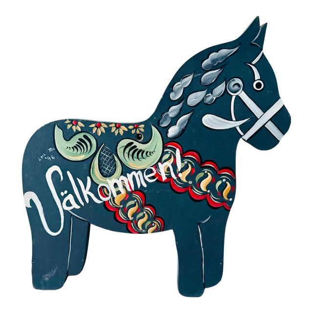 Swedish 1990’s Hand Painted Wood Dala Horse “welcome” Valkommen Sign For Sale