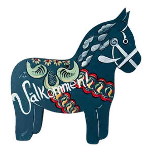 Swedish 1990’s Hand Painted Wood Dala Horse “welcome” Valkommen Sign