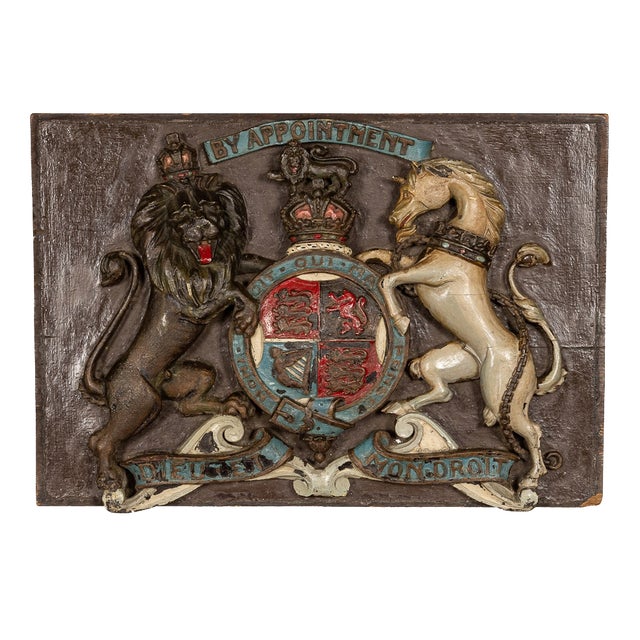 19th Century Victorian Carved Wood & Painted Royal Warrant, 1830s For Sale