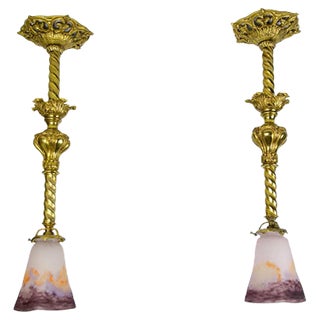 Art Glass and Gilt Bronze Pendant Lamps from Muller Strasbourg, 1920s, Set of 2 For Sale