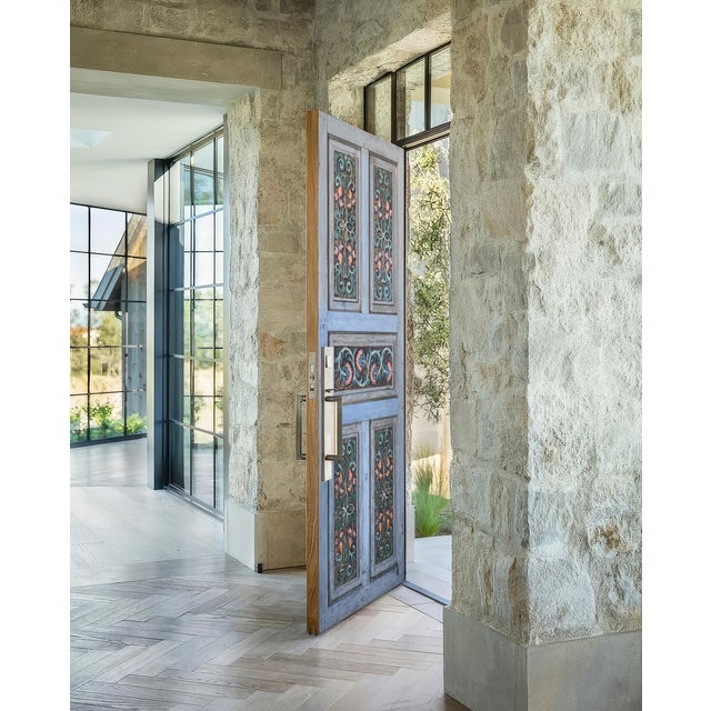 Mediterranean Hand-Carved Door in Distressed Blue With Ornate Floral Panels Custom Size Interior/Exterior For Sale - Image 4 of 18