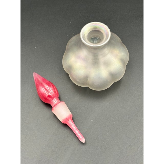 1990s Vintage Iridescent Art Glass Perfume Bottle With Red Sculptural Stopper For Sale - Image 5 of 8