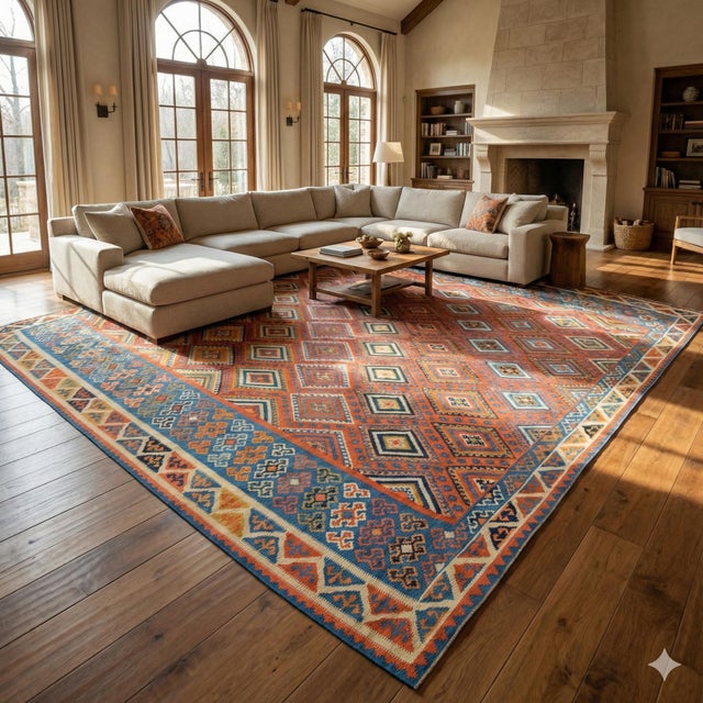 This monumental 1970s Konya kilim is a rare and striking example of Central Anatolian weaving, defined by its impressive...