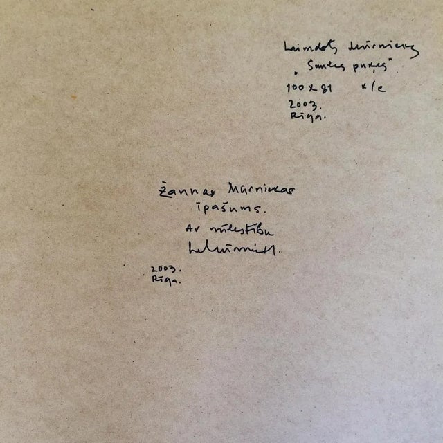 Sunflowers 2003. Oil on cardboard, 100x81 cm still life painting with stylized sunflowers on light-colored background. The...