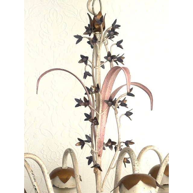 Vintage Italian White and Gold Patinated Metal and Glass Chandelier, 1970s For Sale - Image 9 of 15