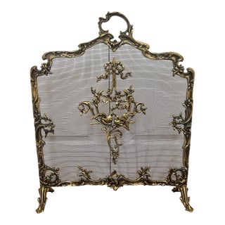 Vintage French Rococo Style Brass Fireplace Screen With Lovebirds For Sale