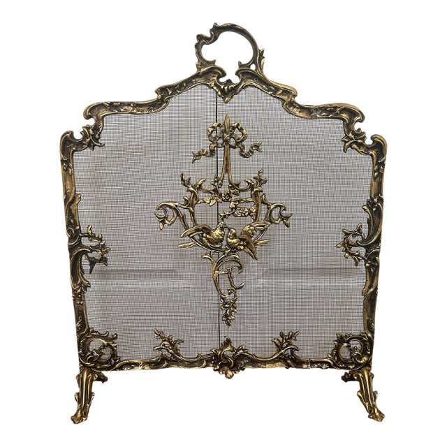Vintage French Rococo Style Brass Fireplace Screen With Lovebirds For Sale