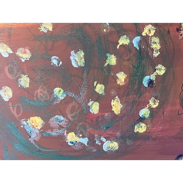 Folk Art 1970s Modern Abstract Mixed Media Painting Folk Art Naive Style Magic Garden at Sunset W 3 Hedgehogs For Sale - Image 3 of 7