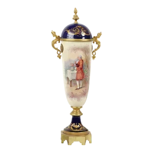 Antique Sevres Porcelain Hand Painted Cobalt Blue Covered Urn