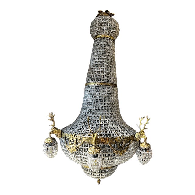 Vintage Extra Large Gold and Crystal Deer Head 18-Light Chandelier For Sale