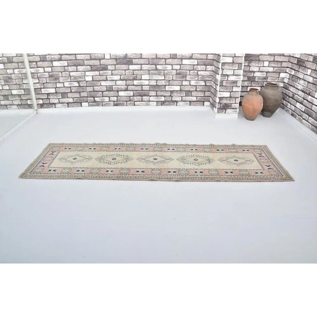 Mid-Century Modern Pink & Beige Wool Handmade Runner Rug, in Flawless conditions. Designed 1960 to 1969