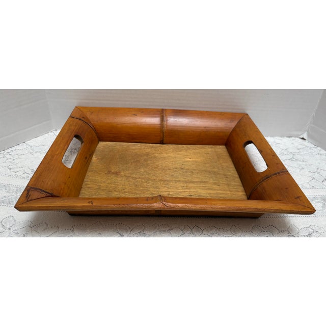 Vintage rustic wood bamboo decor accent tray with open side handle and large borders with bamboo design pattern. Lovely...