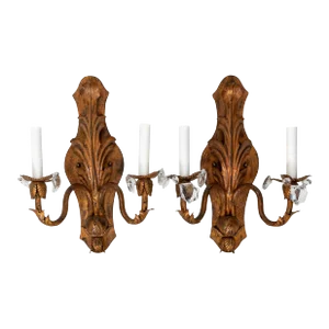 Pair Handmade Gilt Iron and Crystal Sconces Two Pairs Available