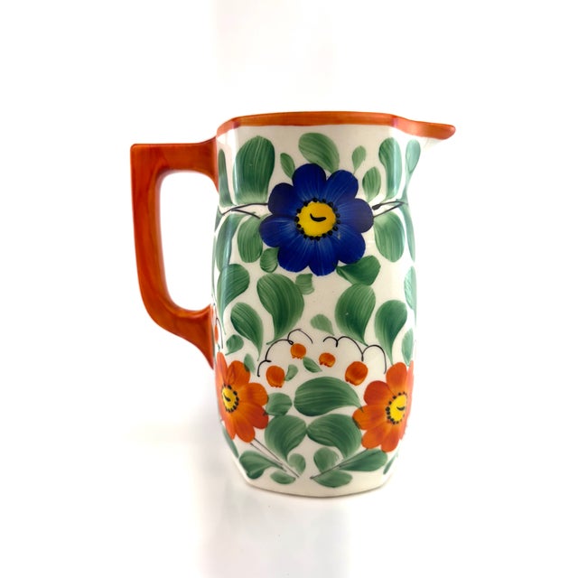 Ceramic Vintage Czech Hand-Painted Floral Pitcher – Czechoslovakia Folk Art Pottery Jug For Sale - Image 7 of 12