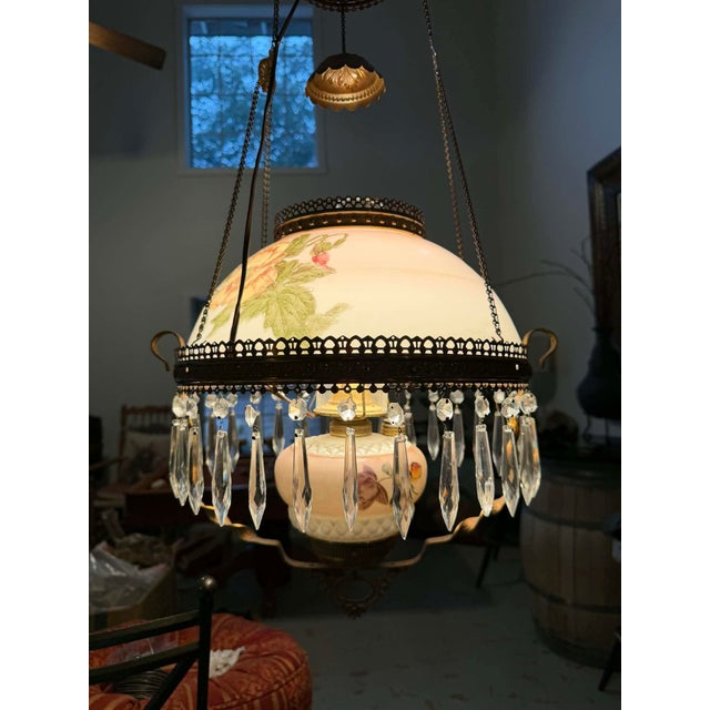 Early 20th Century Antique Victorian Floral Painted Glass & Brass Hanging Chandelier With Crystal Prisms For Sale - Image 5 of 16