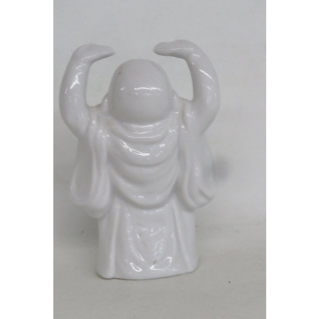 White Ceramic Laughing Buddha With Arms Raised Hotei Figurine Gloss Finish 5027b For Sale - Image 4 of 10