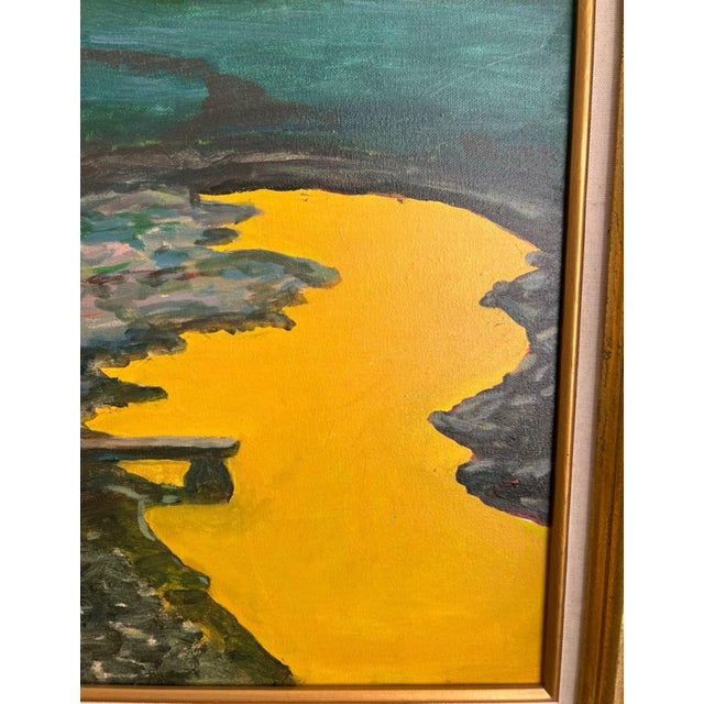 Traditional Giltwood Framed, Landscape Oil on Canvas in Vibrant Yellow & Teal For Sale - Image 3 of 10