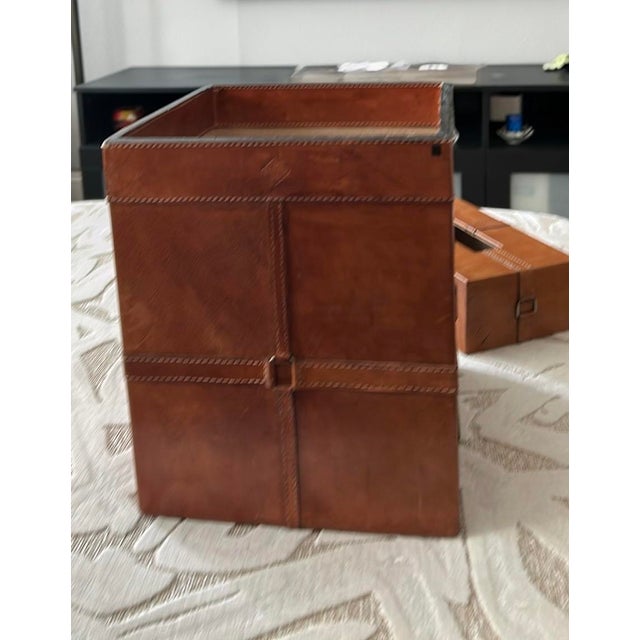 Vintage Stetson leather wastebasket and tissue box cover. Definitely a Stetson, see markings. Chairish requires a...