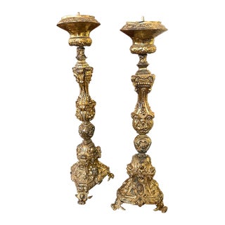 Pair of French Gilt Brass Altar Sticks For Sale