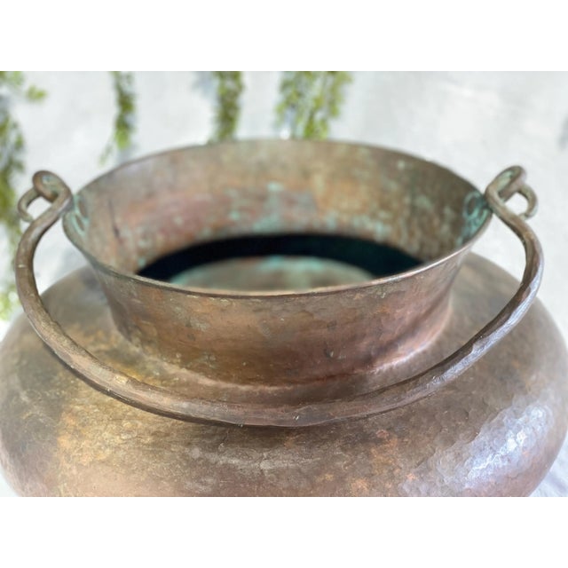 Metal Hand Crafted Antique Copper Cauldron: Hand Hammered Firewood Bucket Green Patina Worn For Sale - Image 7 of 10