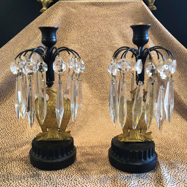 Mid 19th Century French Empire Metal Marble and Gilt Ormolu Eagle Crystal Luster Candle Holders - a Pair For Sale - Image 12 of 12