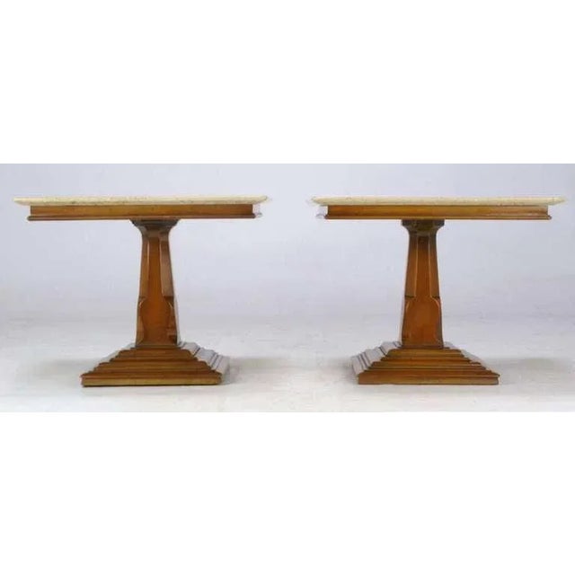 Spanish Spanish Revival Maple and Portuguese Travertine Side Tables - a Pair For Sale - Image 3 of 8