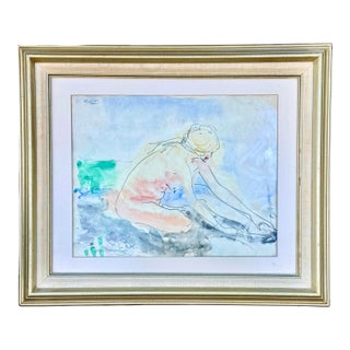 Vintage Abstract Nude Watercolor Painting, Signed & Framed Original Art For Sale