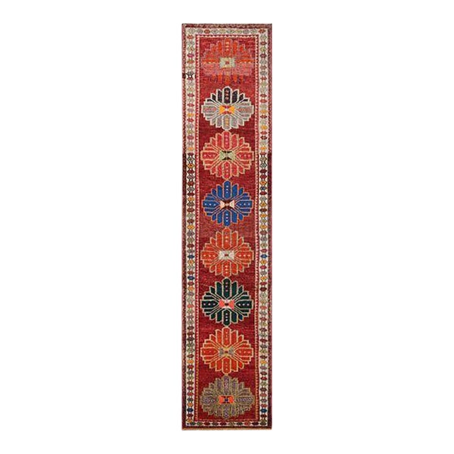 1950s Mid-Century Runner Geometric Vintage Red Rug For Sale