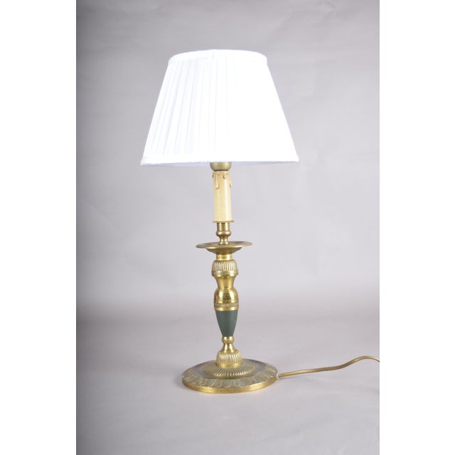 Gold Vintage Brass Candlestick Table Lamp with Pleated White Shade, 1960s For Sale - Image 8 of 14