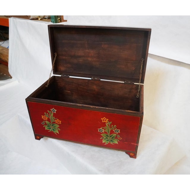 Folk Red Painted Chest With Floral Motifs For Sale In Los Angeles - Image 6 of 17