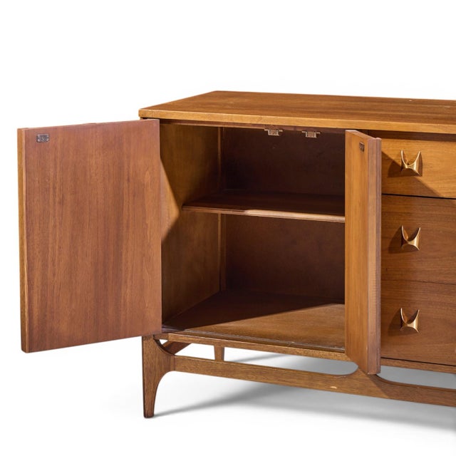 Broyhill Brasilia Mid Century Walnut and Brass Offset Credenza and Hutch For Sale - Image 10 of 14