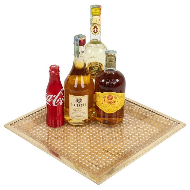 Mid-Century Acrylic Glass, Rattan and Brass Serving Tray in the style of Dior Home, Italy, 1970s For Sale - Image 10 of 10