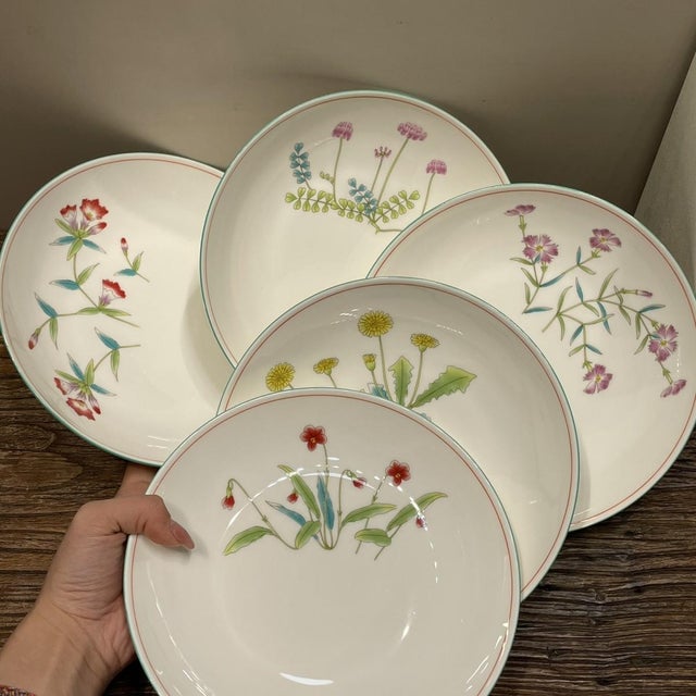 This is a five-piece ceramic dinnerware set decorated with a beautiful floral pattern. These plates are a wonderful choice...