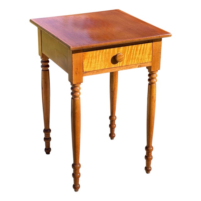 Antique New England Sheraton Tiger Maple & Cherry Single Drawer Work Table For Sale