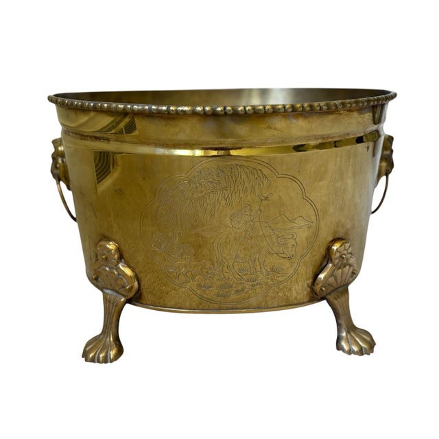 Mid 20th Century Vintage Asian Motif Lion Head Oval Brass Cachepot Planter For Sale - Image 5 of 9