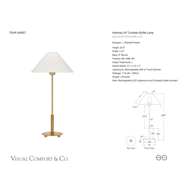 J. Randall Powers by Visual Comfort Signature Hackney 24" Cordless Buffet Lamp in Hand-Rubbed Antique Brass with Linen...