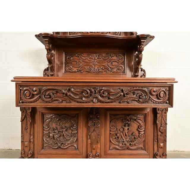 Wood Alexander Roux Style French Renaissance Revival Carved Oak Sideboard or Bar Cabinet, Circa 1890s For Sale - Image 7 of 17