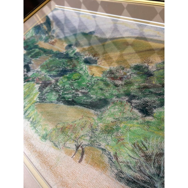 Paper Signed Original Colored Pencil Landscape Drawing – Rolling Green Hills & Valley, Framed, 1980 For Sale - Image 7 of 10