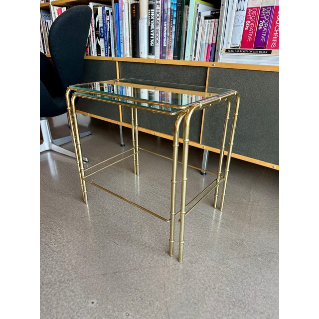 Vintage Mid Century Modern Faux Bamboo Brass Glass Nesting Tables Set 1970s Hollywood Regency For Sale - Image 9 of 17